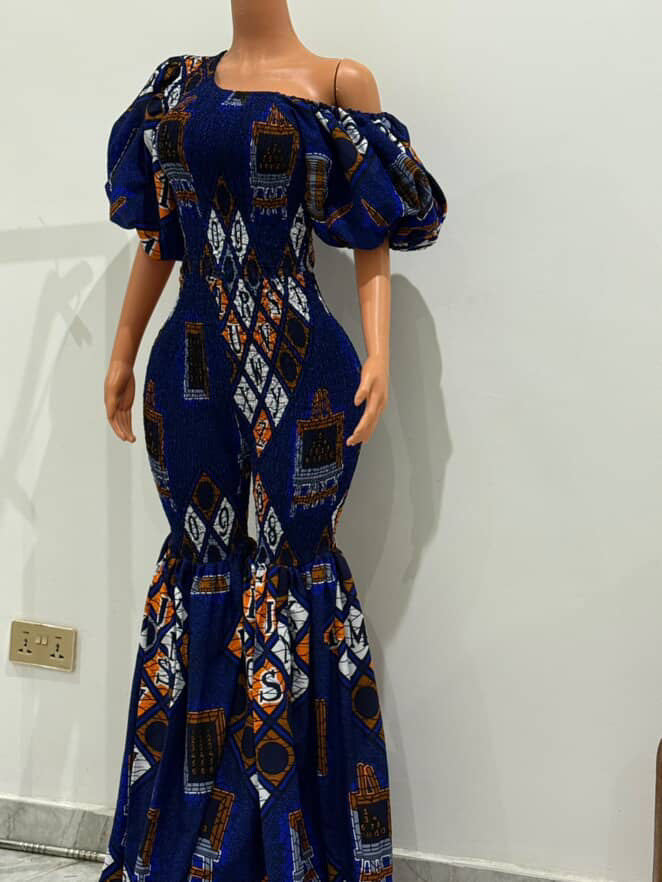 Off Shoulder African Print Stretchy Bell Bottom Jumpsuit.