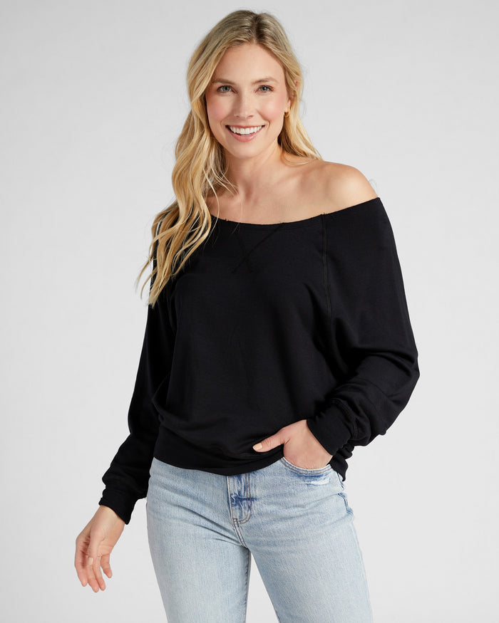 Black $|& Herizon Off the Shoulder Fleece Sweatshirt - SOF Front