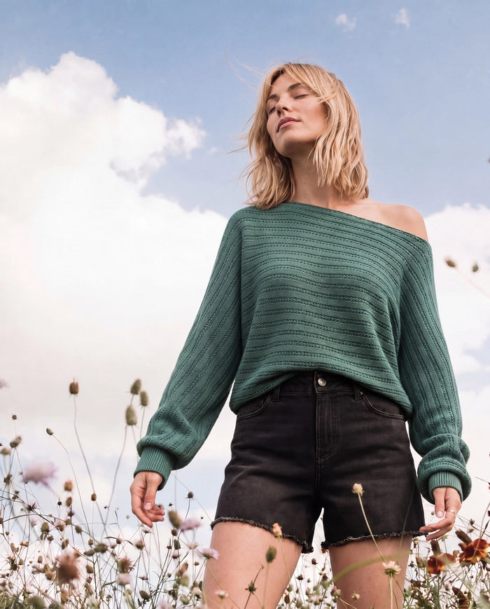 Frosty Spruce $|& SEAS Open Weave Dolman Sweater