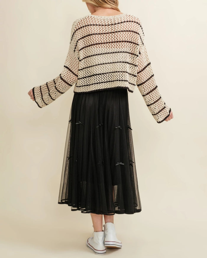 Cream/Black $|& Cloud Ten Open Weave Sweater with Contrast Stripe Detail - Hanger Side