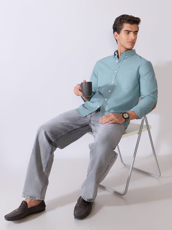 Orbit -  Relaxed Fit Oxford Shirt With Elbow Patch - Blue Topaz