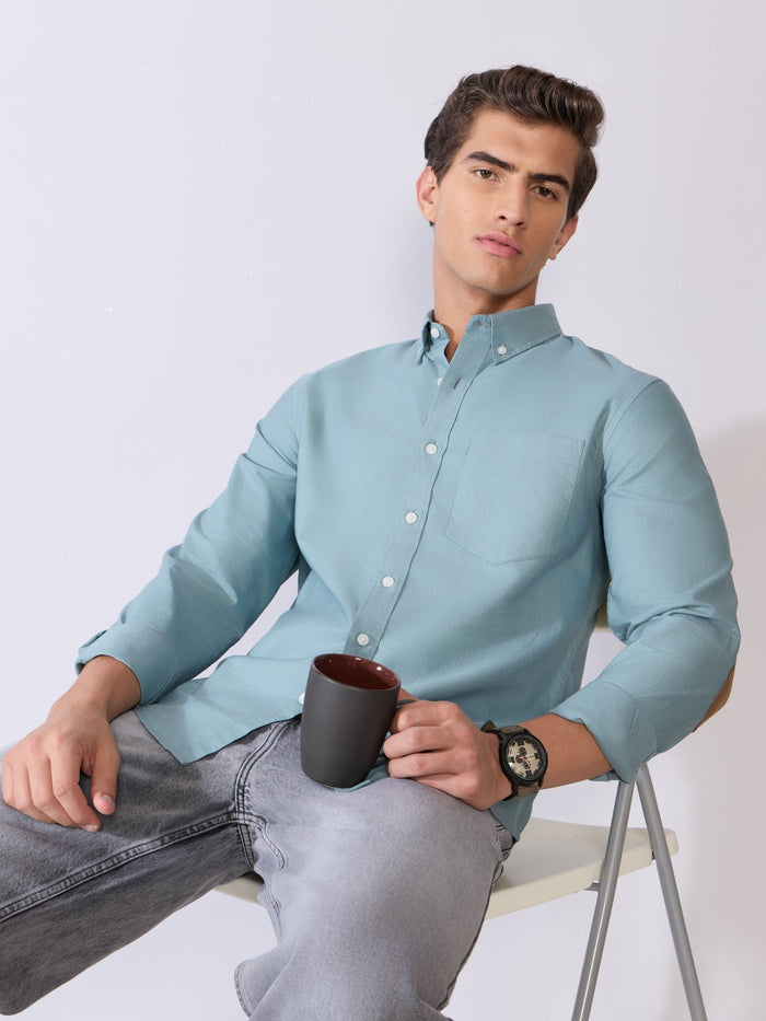 Orbit -  Relaxed Fit Oxford Shirt With Elbow Patch - Blue Topaz