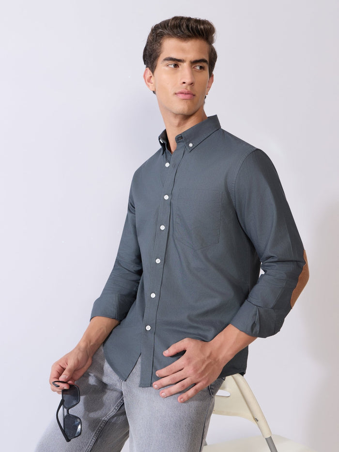 Orbit -  Relaxed Fit Oxford Shirt With Elbow Patch - Cement Grey