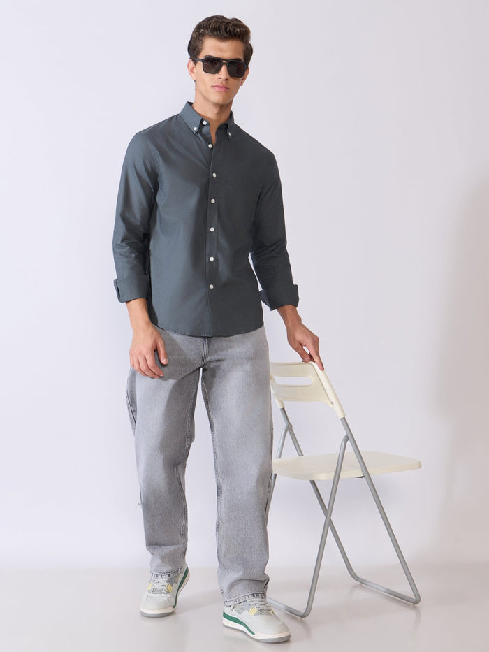Orbit -  Relaxed Fit Oxford Shirt With Elbow Patch - Cement Grey