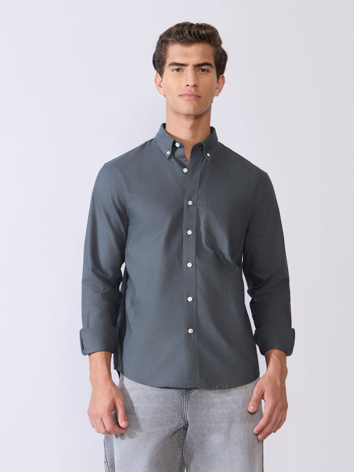 Orbit -  Relaxed Fit Oxford Shirt With Elbow Patch - Cement Grey