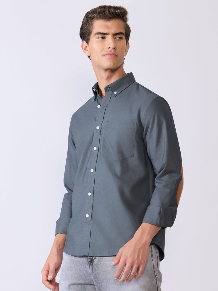 Orbit -  Relaxed Fit Oxford Shirt With Elbow Patch - Cement Grey