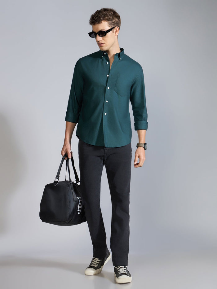 Orbit -  Relaxed Fit Oxford Shirt With Elbow Patch - Dark Green