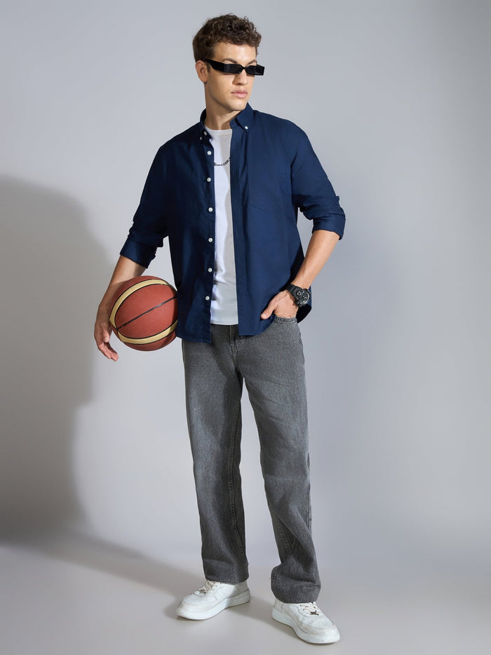 Orbit -  Relaxed Fit Oxford Shirt With Elbow Patch - Navy