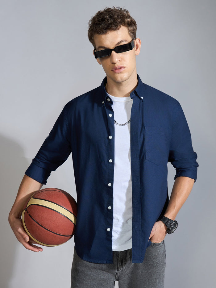 Orbit -  Relaxed Fit Oxford Shirt With Elbow Patch - Navy