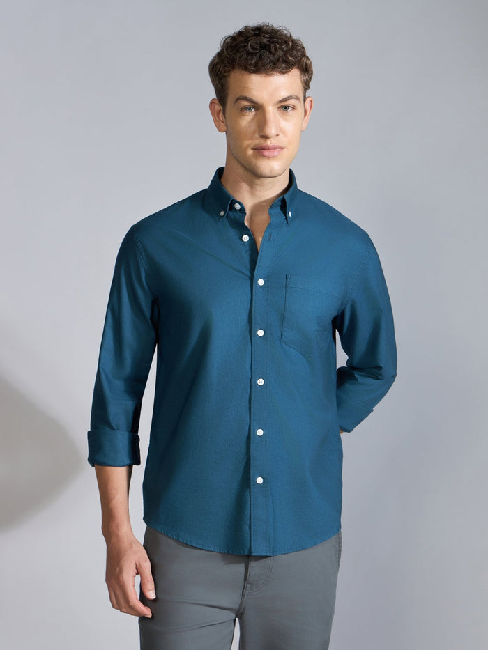Orbit -  Relaxed Fit Oxford Shirt With Elbow Patch - Peacock Blue