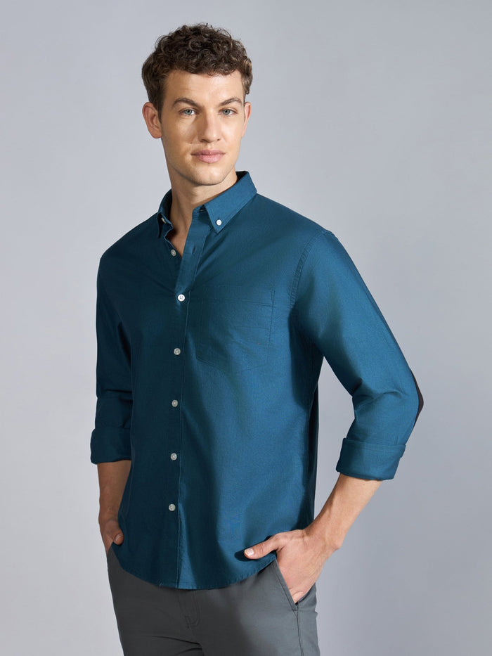 Orbit -  Relaxed Fit Oxford Shirt With Elbow Patch - Peacock Blue