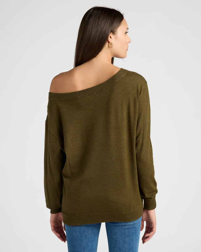 Olive $|& SEAS Pacific One Shoulder Sweater - SOF Back