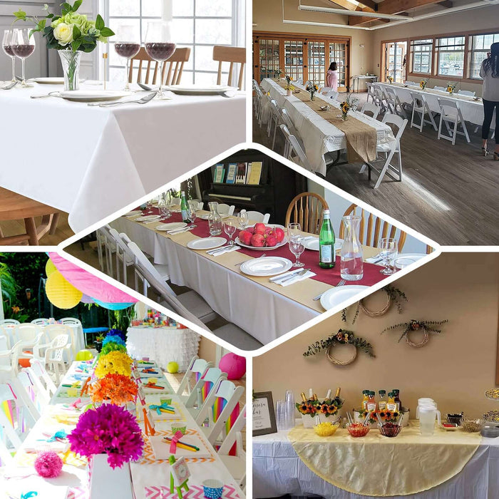 Various banquet tables set for events with colorful decorations and floral centerpieces.