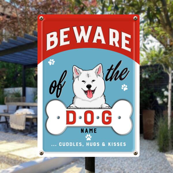 Pawzity Beware Of Dogs Metal Yard Sign, Gifts For Dog Lovers, Cuddles Hugs & Kisses Funny Warning Signs