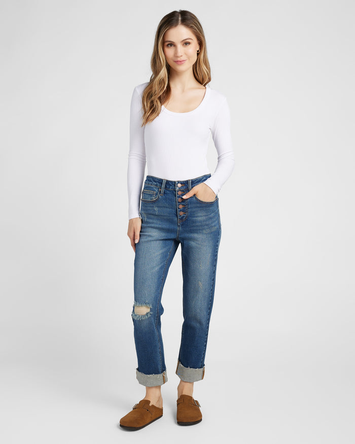 Dark Wash $|& Herizon Phoebe High Rise Mom Jeans with Button Fly - SOF Full Front
