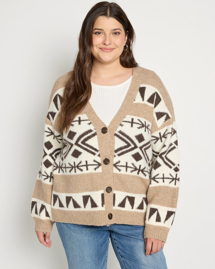 Taupe Mix/Cream $|& Bobeau Abstract Button Front Cardigan - SOF Front