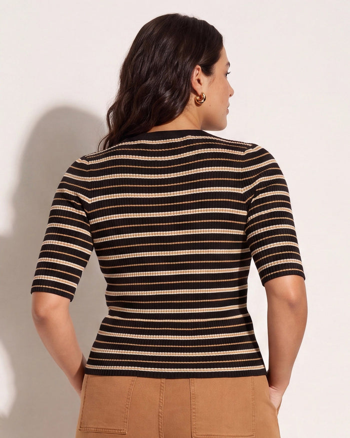 Black Stripe $|& SEAS Amelia Elbow Sleeve Striped Sweater Top - SOF Back