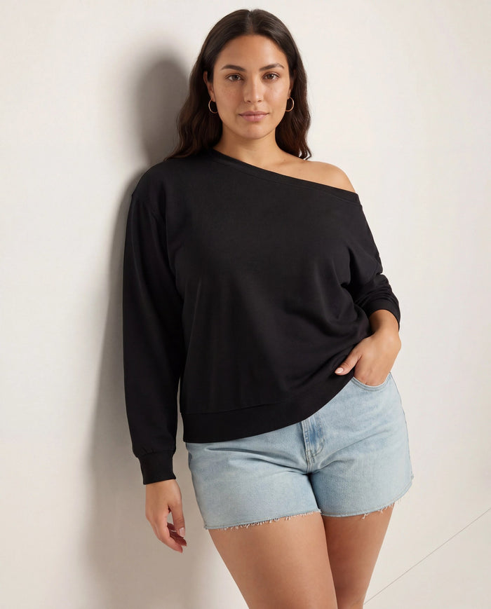 Black $|& SEAS Brooksville One Shoulder Sweatshirt - SOF Front