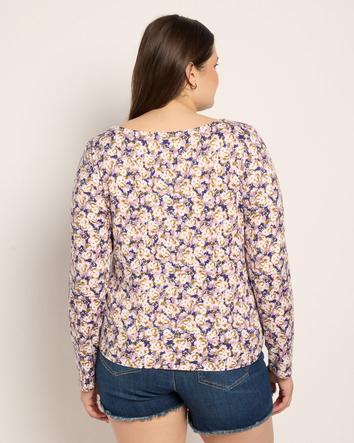Purple Floral $|& Bobeau Brushed DTY Boat Neck Long Sleeve Top - SOF Back