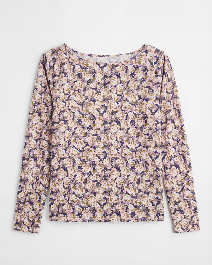 Purple Floral $|& Bobeau Brushed DTY Boat Neck Long Sleeve Top - VOF Detail