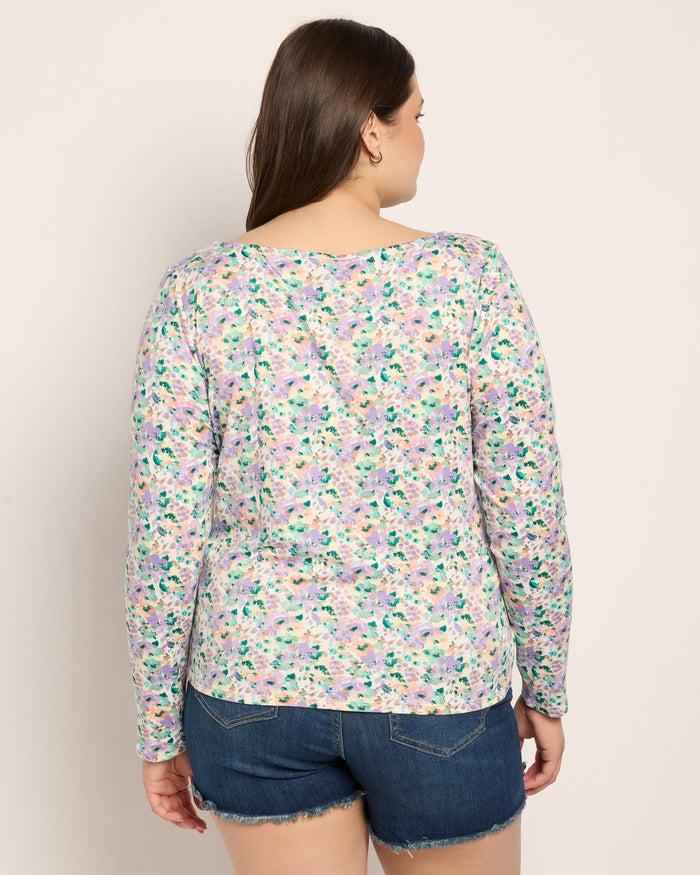 Purple/Peach Floral $|& Bobeau Brushed DTY Boat Neck Long Sleeve Top - SOF Back