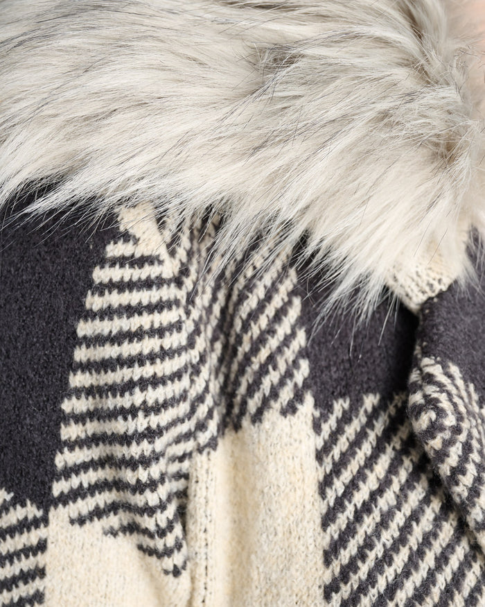 Black/Ivory $|& OneWorld Buffalo Plaid Coatigan with Removable Fur - SOF Detail