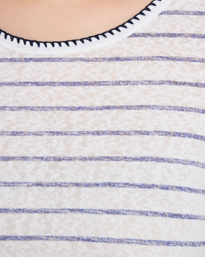 Ivory/Navy Stripe $|& Bobeau Caty Elbow Sleeve Stitch Tee - SOF Full Front