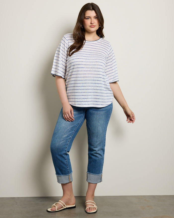 Ivory/Navy Stripe $|& Bobeau Caty Elbow Sleeve Stitch Tee - UGC On Fig