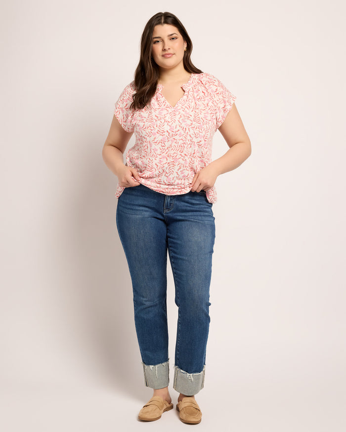 Rain Cayenne/Light Pink Floral $|& Bobeau Caty Ruffle Neck Top - UGC On Fig