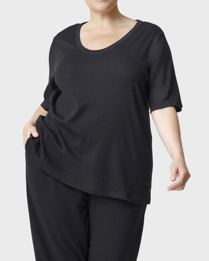 Black $|& HUE Elbow Sleeve U-Neck Lounge Tee - VOF Detail