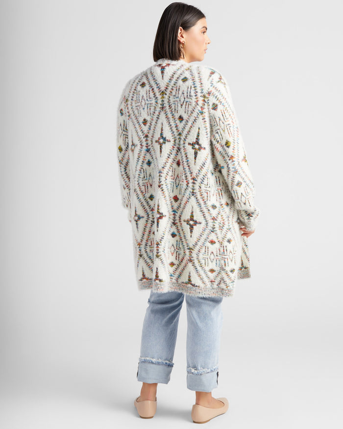 Ivory Mix Print $|& Bobeau Eyelash Open Front Cardigan - SOF Back