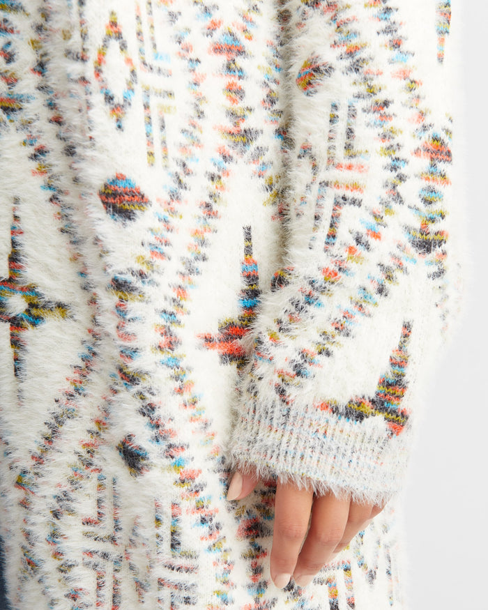 Ivory Mix Print $|& Bobeau Eyelash Open Front Cardigan - SOF Detail