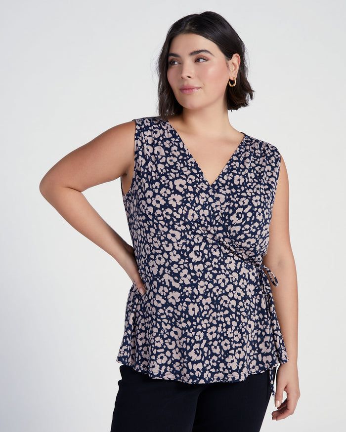 Navy/Cream $|& West Kei Printed Knit Sleeveless Wrap Top - SOF Front