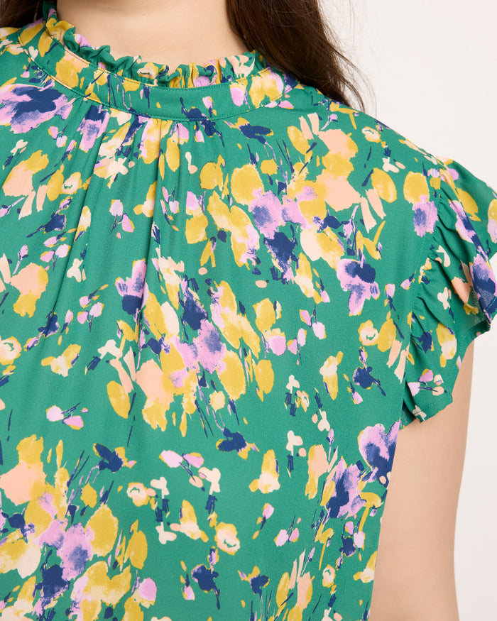 Green $|& VOY Los Angeles Floral Ruffle Sleeve Neck Tie Top - SOF Full Front