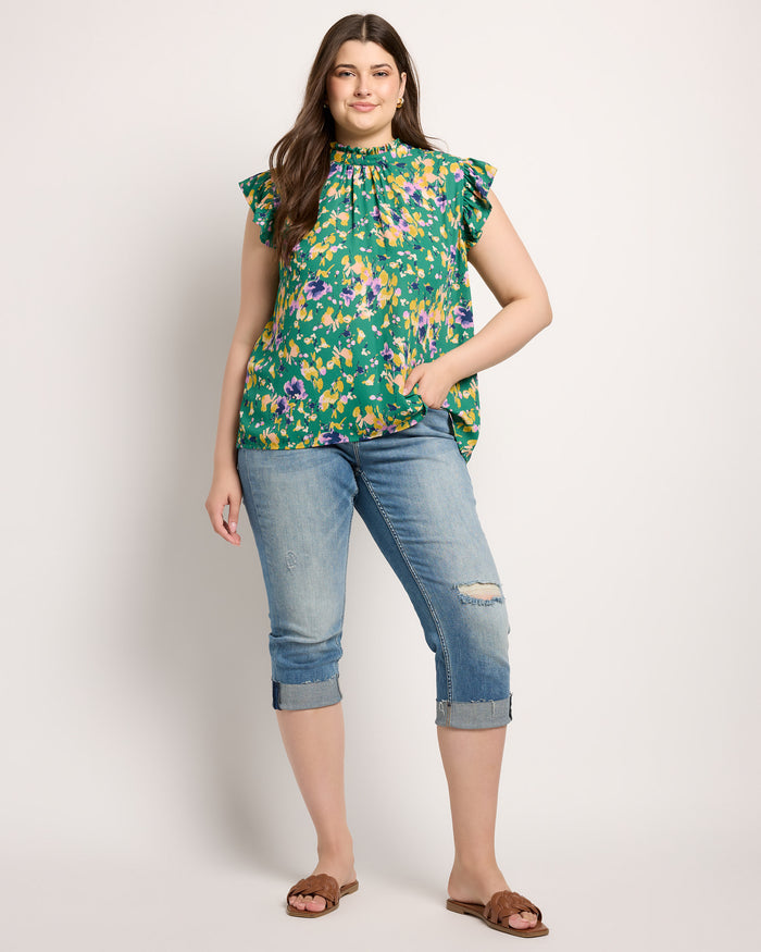 Green $|& VOY Los Angeles Floral Ruffle Sleeve Neck Tie Top - UGC On Fig