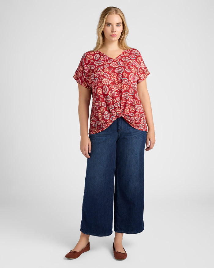 Red $|& West Kei Floral Woven Short Sleeve Twist Front Top - SOF Full Front