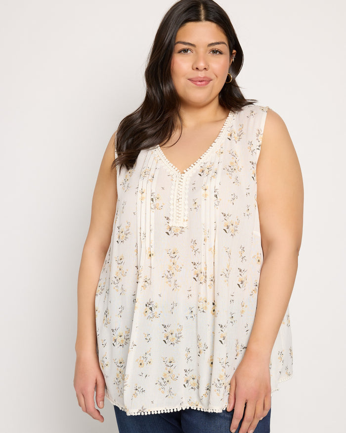 White/Yellow $|& Skies Are Blue Flower Print Trim Detail Blouse - SOF Front