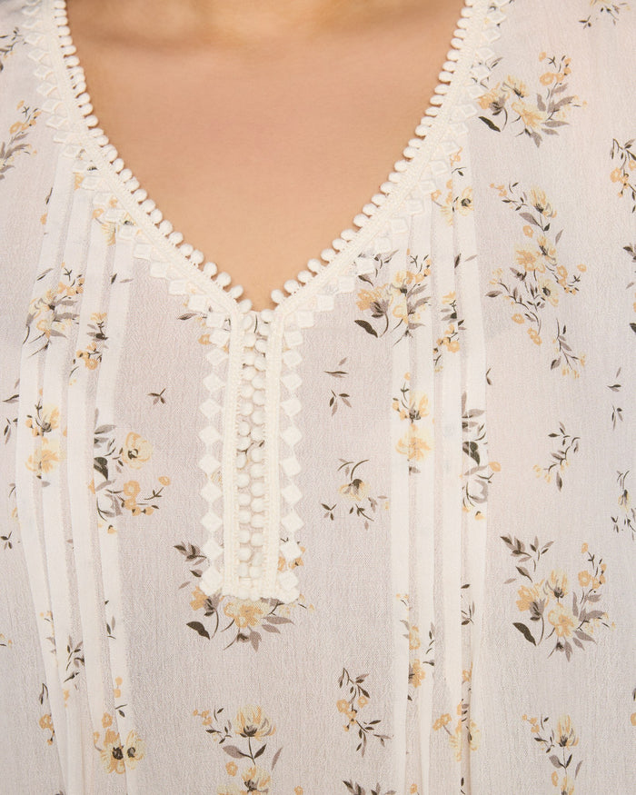 White/Yellow $|& Skies Are Blue Flower Print Trim Detail Blouse - SOF Full Front