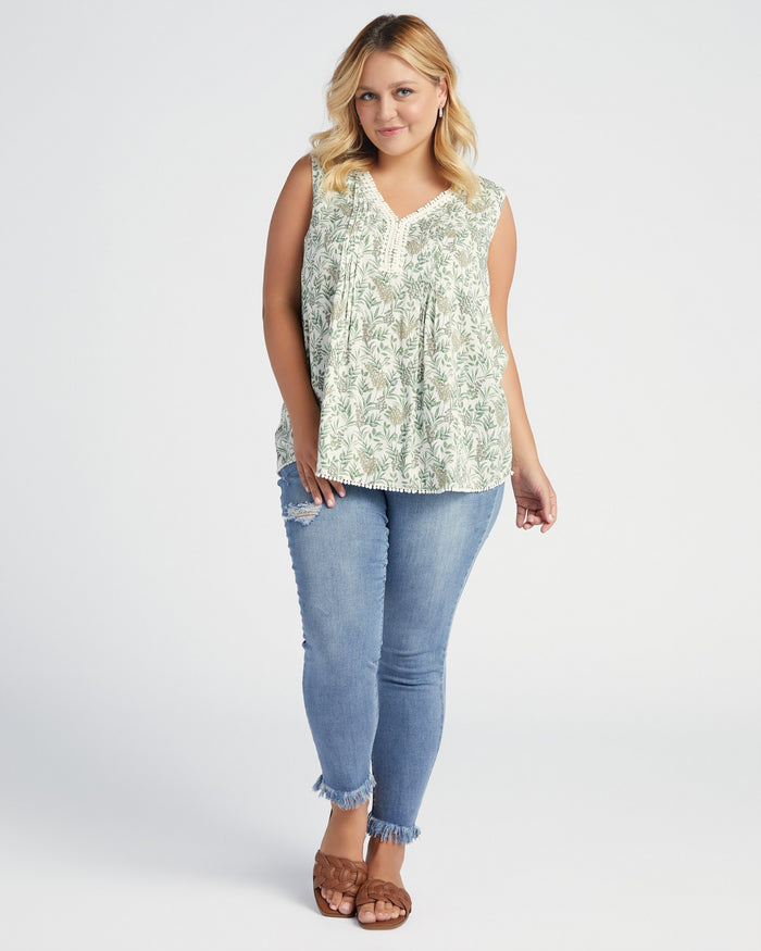 Ivory/Sage $|& Skies Are Blue Flower Print Trim Detail Blouse - SOF Full Front