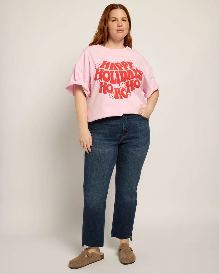 Pink $|& Baevely Happy Holidays Graphic Boyfriend Tee - UGC On Fig