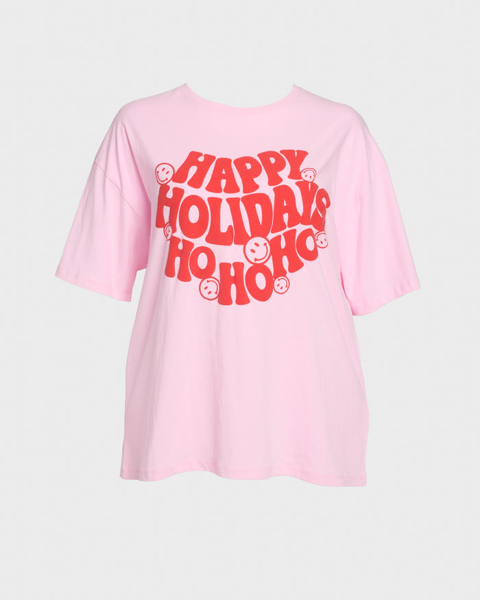 Pink $|& Baevely Happy Holidays Graphic Boyfriend Tee - Hanger Detail
