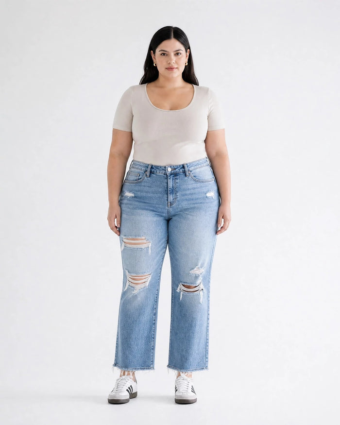Azul Claro $|& Mica Denim High Rise Straight Leg Jeans - VOF Detail