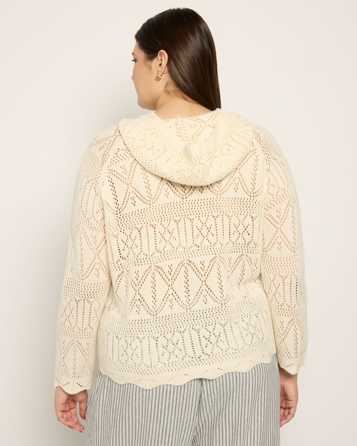 Off White $|& Cozy CO Hooded Crochet Sweater - SOF Back
