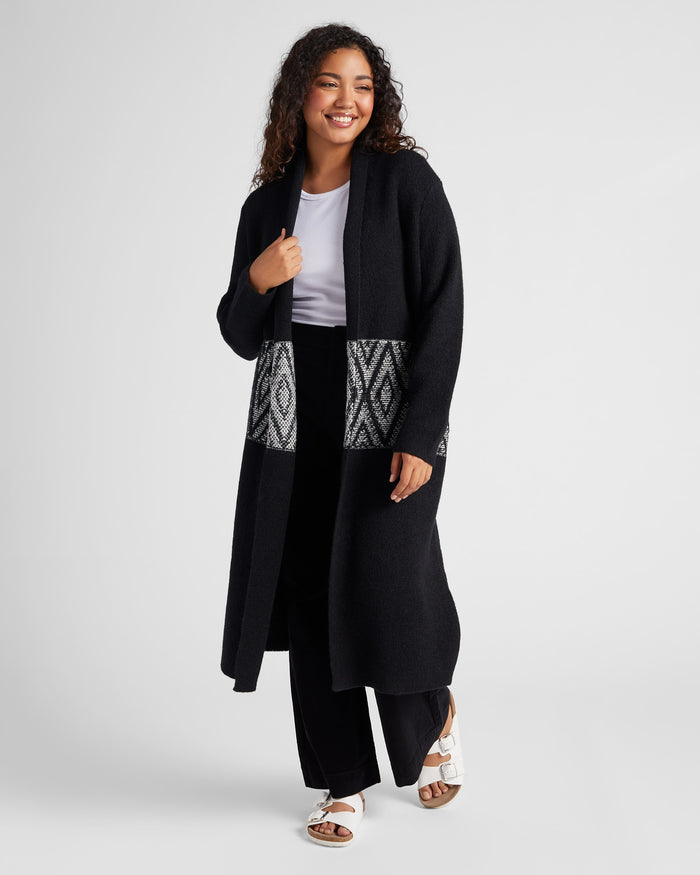 Black/Ivory $|& Bobeau Long Sleeve Shawl Neck Cardigan - SOF Front