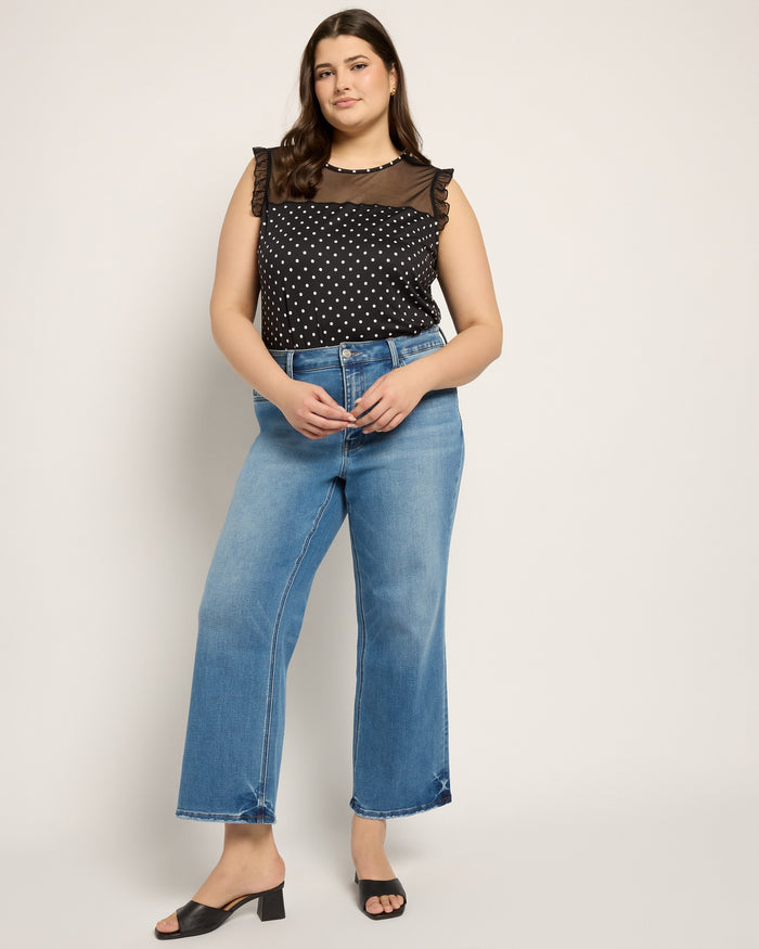Black White Dot $|& Loveappella Mesh Yoke Ruffle Top - UGC On Fig