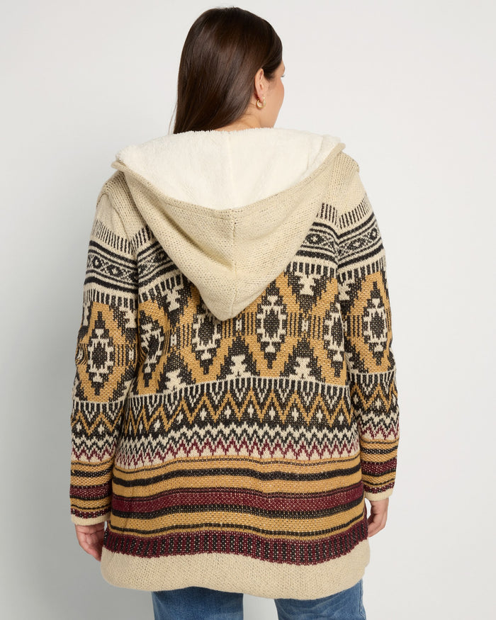 Mustard/Black $|& Woven Heart Tribal Fleece Lined Hooded Cardigan - SOF Back