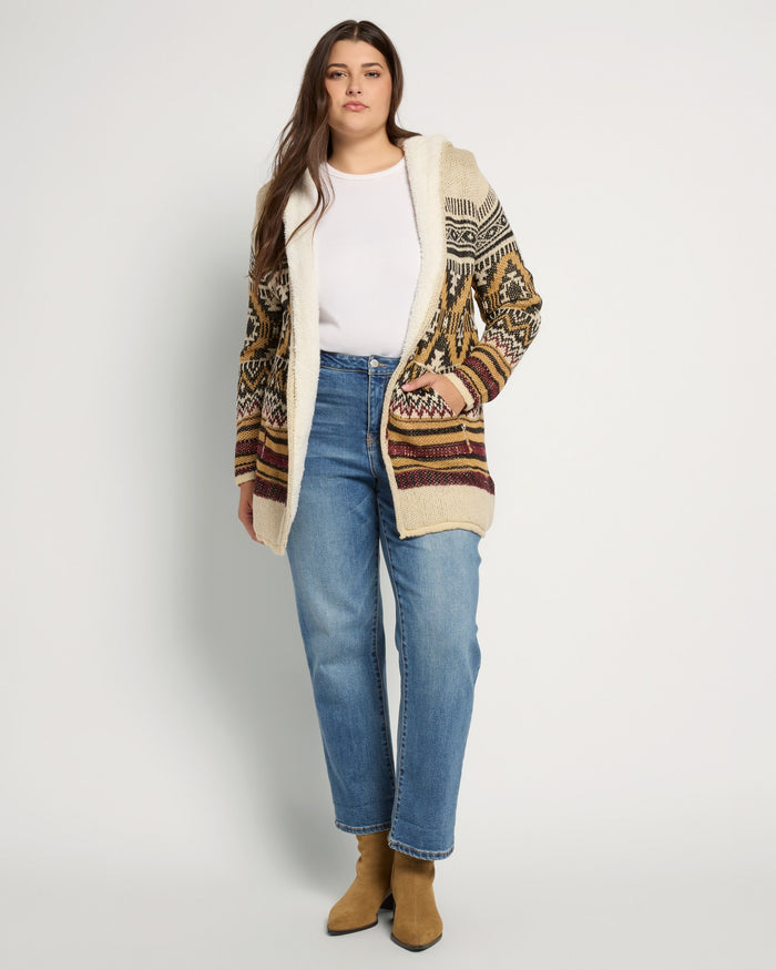 Mustard/Black $|& Woven Heart Tribal Fleece Lined Hooded Cardigan - UGC On Fig