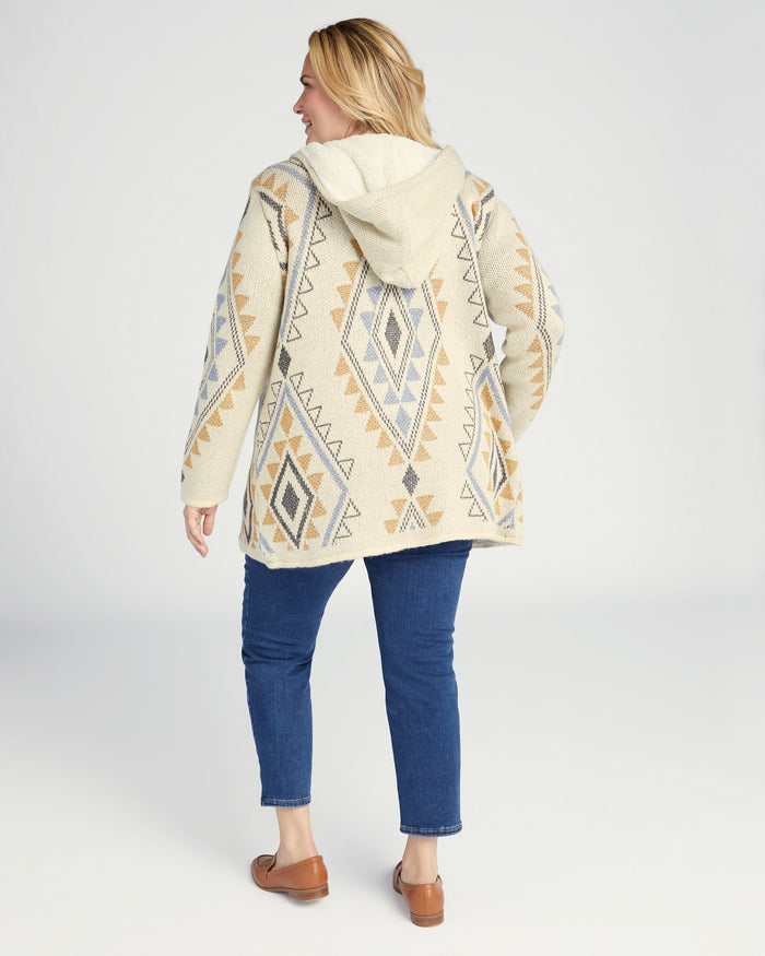 Ivory/Mustard $|& Woven Heart Tribal Fleece Lined Hooded Cardigan - SOF Back