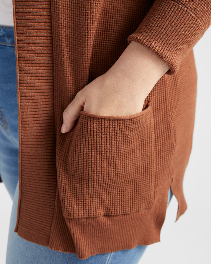 Chocolate $|& Staccato Open Front Pocket Cardigan - SOF Detail
