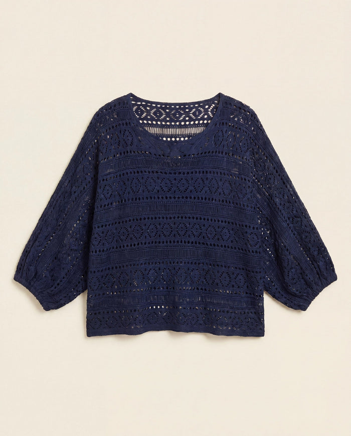 Navy $|& Cozy CO Open Knit Dolman Sleeve Cover Up Pullover - Hanger Detail